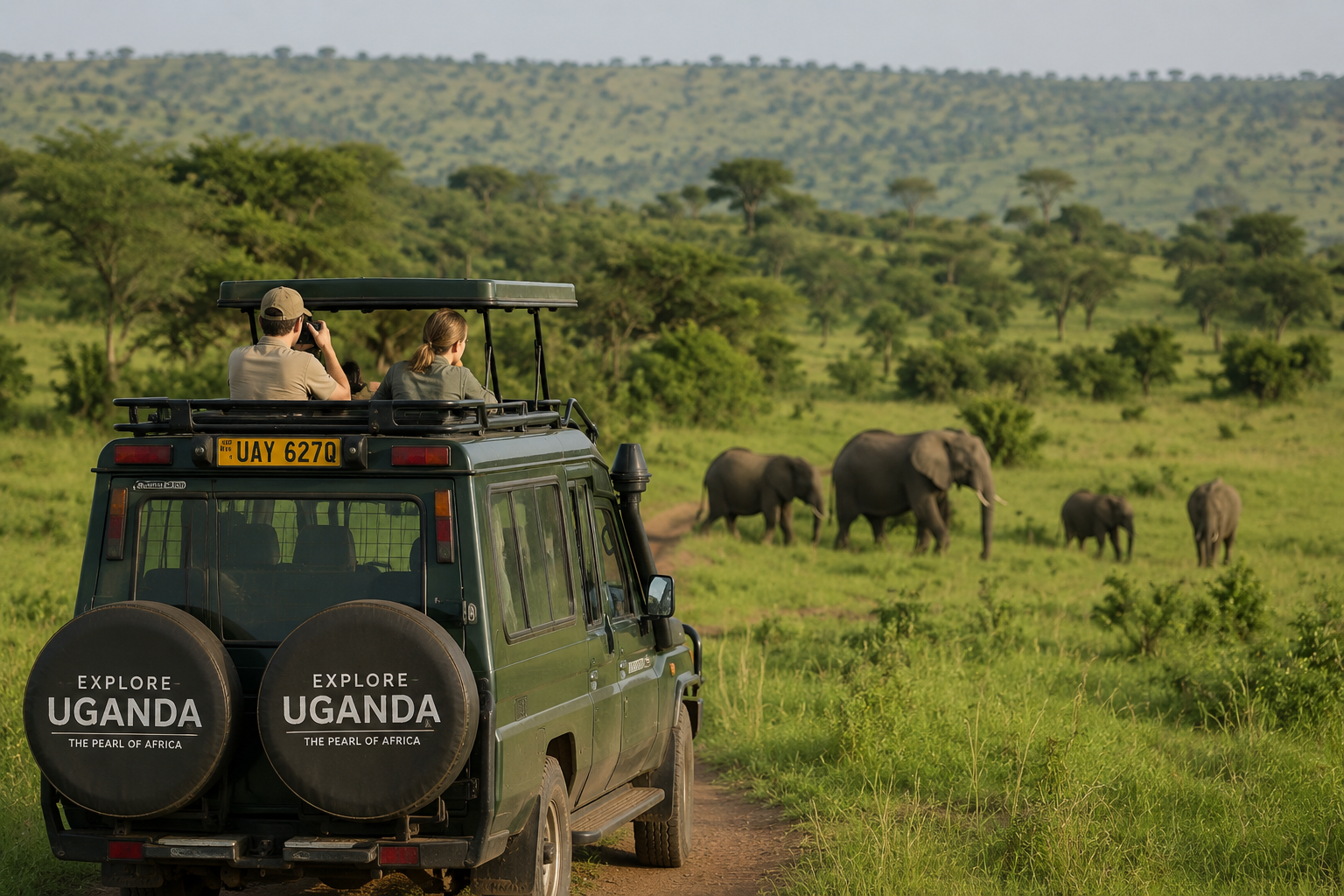 Travelers on safari in Uganda.